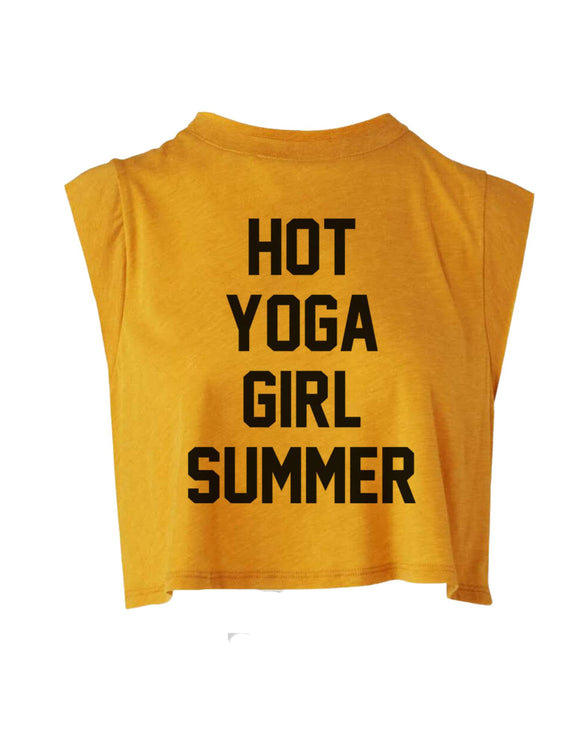 Mustard colored tank top with text "Hot Yoga Girl Summer"
