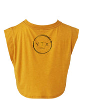 Load image into Gallery viewer, Back of a mustard colored tank with black YTX Yoga logo.