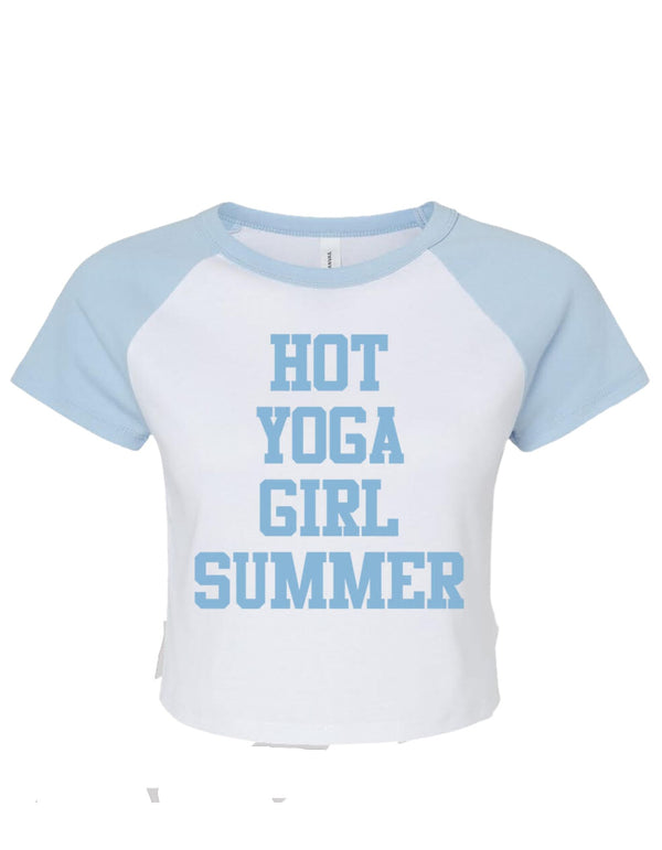 White and blue raglan top with text "Hot Yoga Girl Summer"
