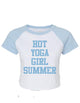 White and blue raglan top with text "Hot Yoga Girl Summer"
