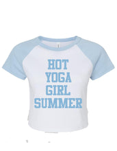 Load image into Gallery viewer, White and blue raglan top with text &quot;Hot Yoga Girl Summer&quot;