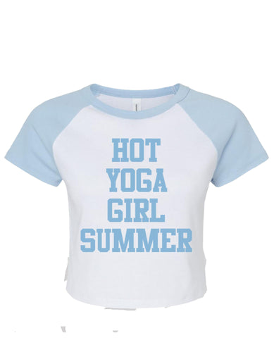 White and blue raglan top with text 
