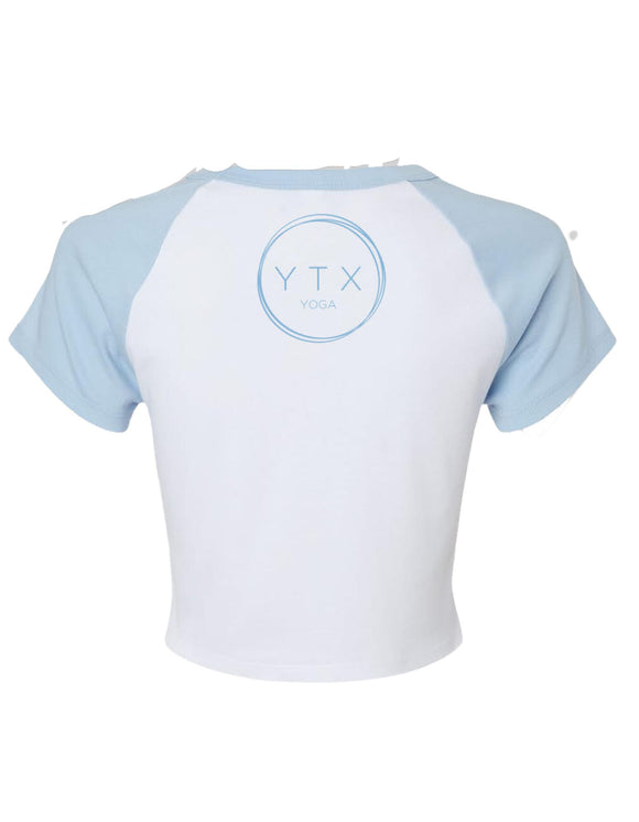 White and blue raglan top with logo YTX Yoga