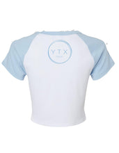 Load image into Gallery viewer, White and blue raglan top with logo YTX Yoga