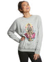 Woman wearing a grey sweater from Spiritual Gangster with an image of the deity Lakshmi.
