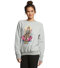 Load image into Gallery viewer, Woman wearing a grey sweater from Spiritual Gangster with an image of the deity Lakshmi.
