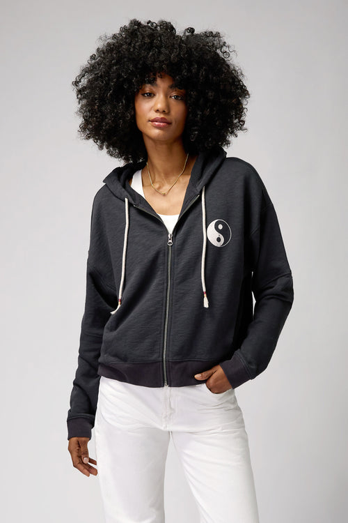 Black terry cloth zip up hoddie with a peace sign