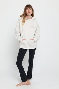 model in cream 'Don't Over Think It" Hoodie
