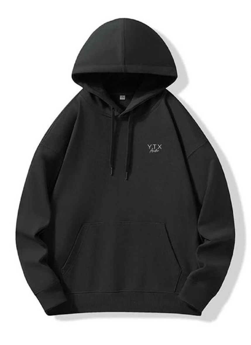 Black hoodie with a logo on a white background