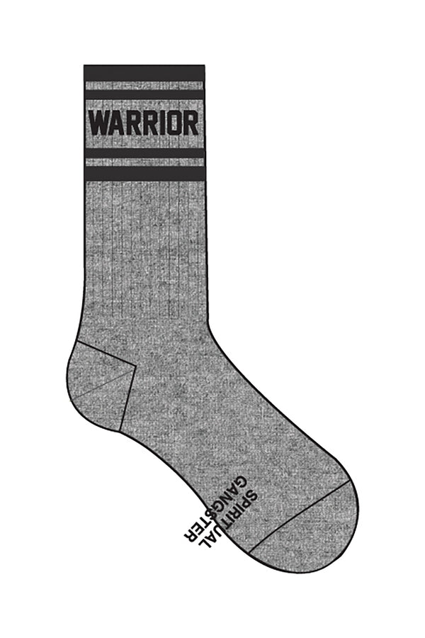 Grey and black sock from Spiritual Gangster with text "Warrior" on the side.