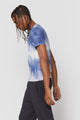 black male model wearing yin yang blue and white tye dye t-shirt