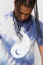 Load image into Gallery viewer, black male model wearing yin yang blue and white tye dye t-shirt
