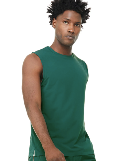 black male model wearing dark green athletic tank