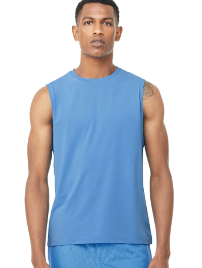 black male model wearing light blue athletic tank