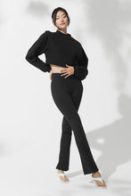 Load image into Gallery viewer, Asian female model wearing black Alo Yoga pullover coverup and matching pants